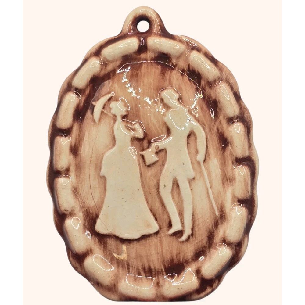 Vintage Pendant Romantic Revival Ceramic Relief Colonial Couple Handpainted Rare